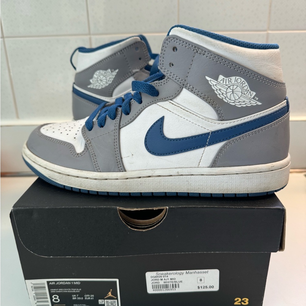 Nike Air Jordan 1 Mid Gray and Blue Sneakers